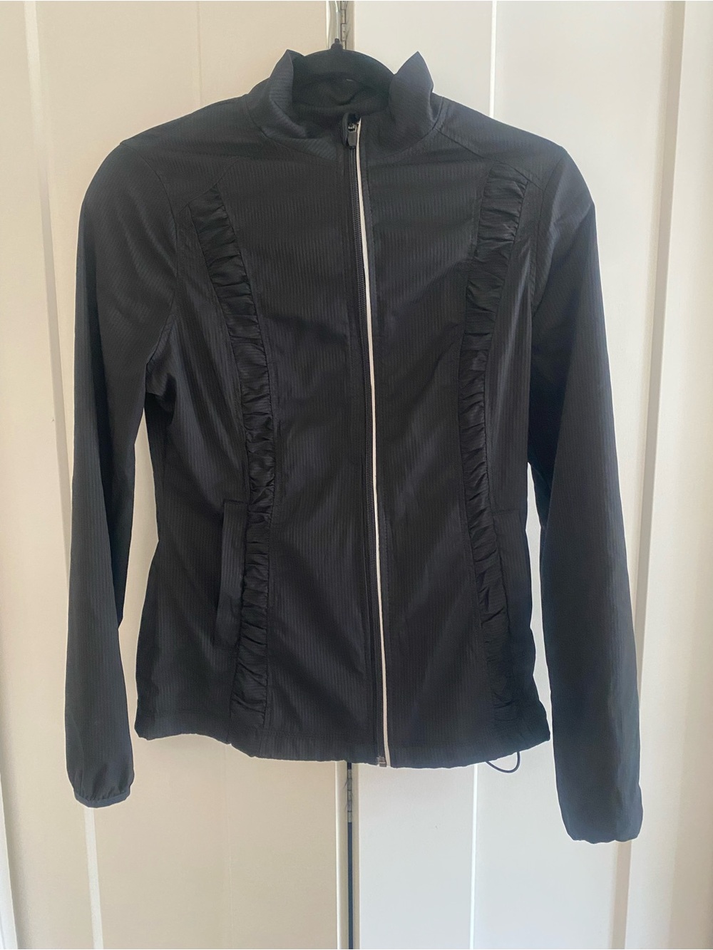 Balance Collection Black Zip-Front Utility Jacket with Ruffle Details